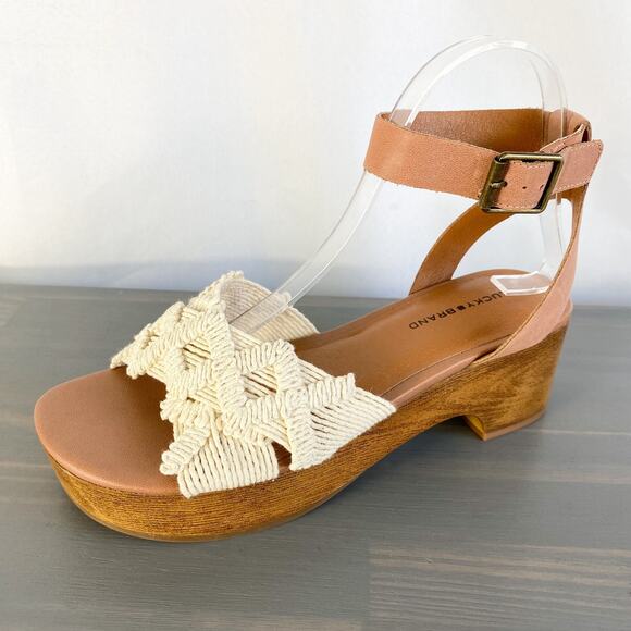 Lucky Brand Shoes - LUCKY BRAND Famika Chunky Heels Sandals Size 8M Ivory Crochet Ankle Strap NEW